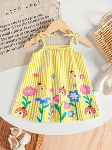 SHEIN Playful Pals 女婴服装婴儿女孩连衣裙全碎花图案吊带蝴蝶结夏季优雅清新连衣裙 - 黃色 - 查看 5