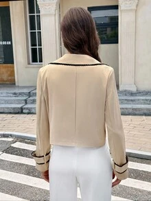 SHEIN Frenchy 女士四季皆宜秋季休闲杏色纯色双排扣撞色饰边蕾丝边短款长袖风衣，商务休闲女士办公室外出教师冬季款 - 卡其色 - 查看 6
