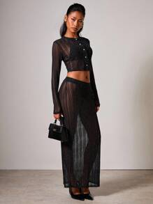 COSMINA Women's Striped Mesh Sequin Single-Breasted Cropped Long Sleeve Top And Mini Skirt Sexy 2 Pieces Set