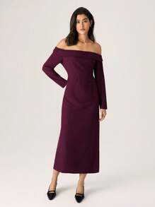 Modelyn Women's Burgundy Elegant Off Shoulder Long Sleeve Ruffle Mid-Length Dress,Autumn Dining Party Wear,Solid Color Knitted Strappy Shirt Dresses For Mom - Brown - View 7