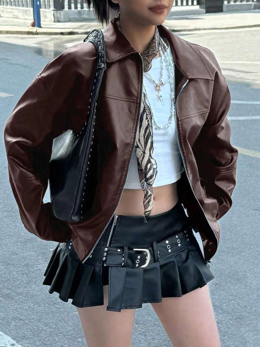 INAWLY 女士棕色摩托车夹克，休闲宽松长袖秋冬皮大衣