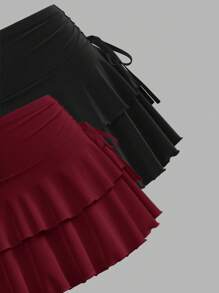 SHEIN PETITE 2 件套女士休闲简约褶饰腰蛋糕中长裙，黑色和酒红色 - 彩色 - 查看 3