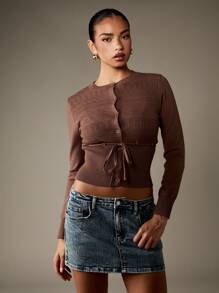 MISSGUIDED Pointelle Knit Cardigan With Tie Waist Elegant Ribbed Sweater Fall Winter Long Sleeve Button Up Cropped Knitwear Sophisticated Work Office Wear - Brown - View 5
