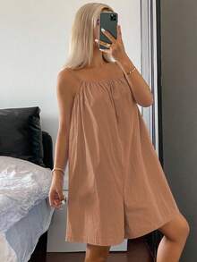 Livesso 简约纯色露背宽松阔腿女式连体裤，家居服睡衣 - 珊瑚橙 - 查看 5