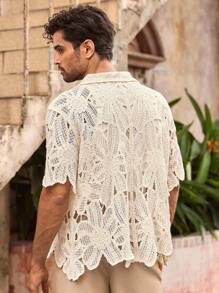 Manfinity VCAY 男士休闲纯色镂空针织开衫男士钩针蕾丝衬衫奶油色蕾丝男士衬衫白色蕾丝男士衬衫男士蕾丝衬衫男士钩针衬衫，适合秋冬 - 彩色 - 查看 6