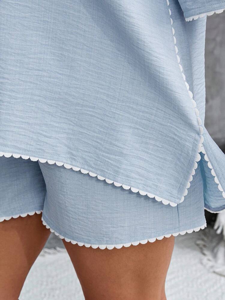 2pcs/Set Plus Size Women's Summer Casual  Lace Patchwork Blue Shirt And Shorts  Set With Pockets,,Summer Holiday,Vacation Outfits Women,Simple And Fashionable For Everyday Wear,Vacay Vibes,Springbreak,Casual Wear SS,Bohemia,Lounge Sets For Women