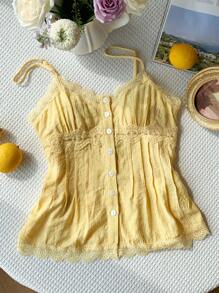 Comfortcana Women Yellow Lace Insert Button Design Summer Camisole Top Vintage