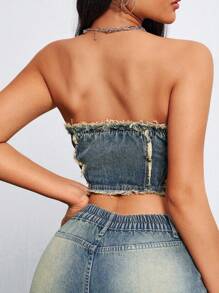 SHEIN EZwear Women's Summer Fashion Frayed Zippered Denim Bustier Top - Blue - View 3