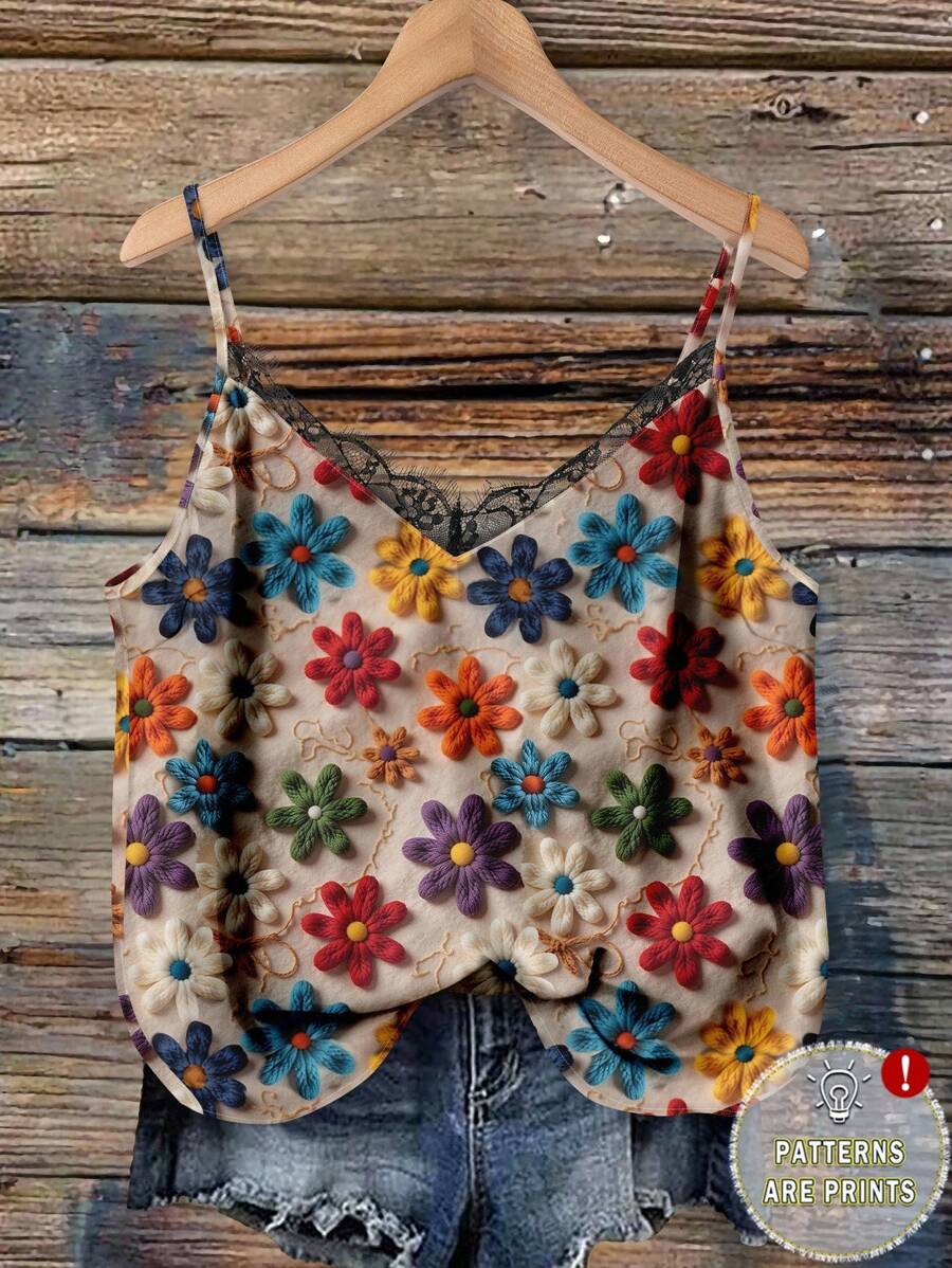 EMERY ROSE 加大码 V 领蕾丝拼布花卉图案夏季纯色优雅吊带背心，适合度假、约会、派对和时尚