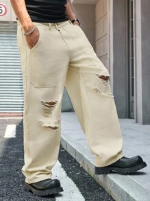 Manfinity LEGND Men's Casual Ripped Khaki Wide Leg Jeans, Suitable For Outdoor Activities And All Seasons - Apricot - View 5