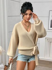 INAWLY Women's Fashion Wrap Tie Long Sleeve Cardigan - Apricot - View 6