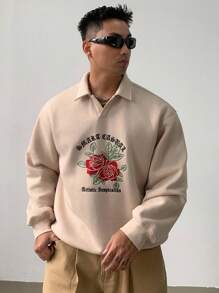 DAZY Autumn Rose Embroidery Gothic Letter Embroidery Apricot Men Pullover Sweatshirt - Apricot - View 3