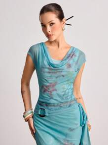 ROMWE Avant Y2K Vintage Floral Print Mesh Overlay Sequin Beaded Solid Color Camisole Two Pieces Set - Baby Blue - View 6