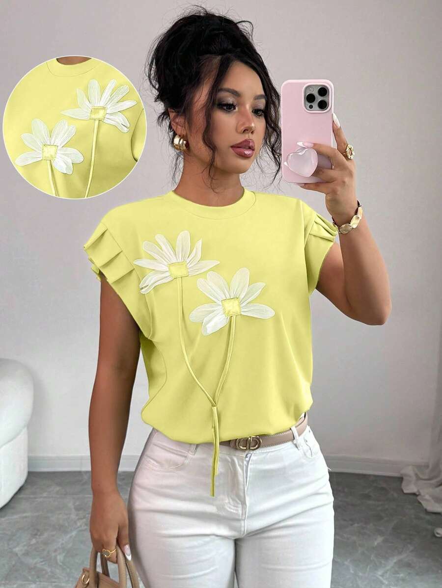 Elenzga Women's 3D Floral Decor Round Neck Loose T-Shirt With Flutter Sleeves , Summer - Yellow - View 1