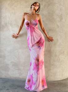 Aloruh 优雅的度假装备粉色数码印花抹胸连衣裙 - 粉色 - 查看 6