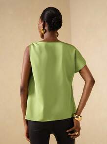 Vesra Blusa de satén con decoración de hebilla metálica asimétrica para mujer - Verde - Ver 2