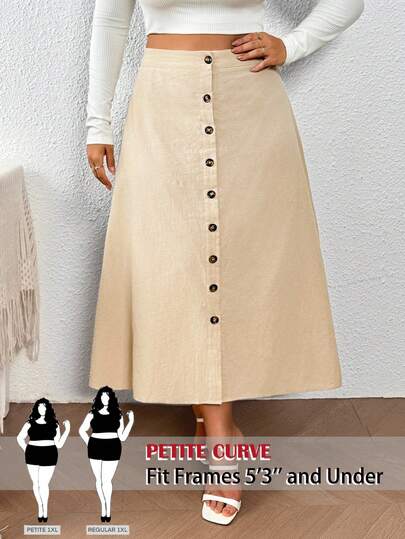 SHEIN PETITE CURVE Plus Size Women Button Decor Solid Color Skirt, Casual For Autumn/Winter
