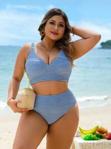 Swim Vcay Set Pakaian Renang Bikini Pantai Musim Panas Wanita Ukuran Besar Warna Polos Bertekstur - Baby Blue - View 4
