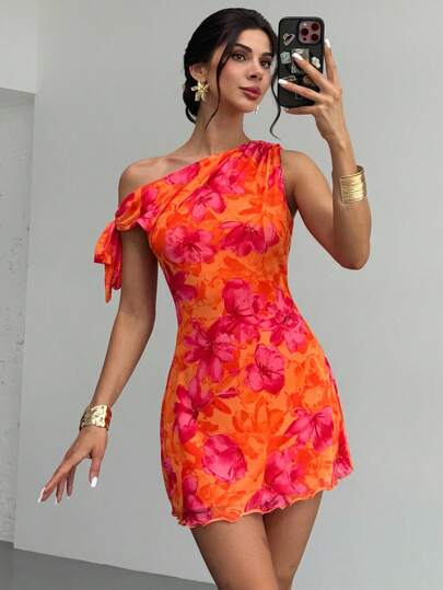 Firerie Vestido mini elegante y sexy de flores con hombros descubiertos para vacaciones, vestido de malla floral, vestido con cuello asimétrico, para primavera/verano, atuendo de playa, elegante, sexy, vacaciones, playa, Hawái, cita, fiesta, festival de música, graduación, baile de graduación