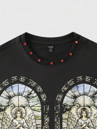 Street Life T-shirt ample à manches courtes pour hommes avec imprimé ange et ornements de strass