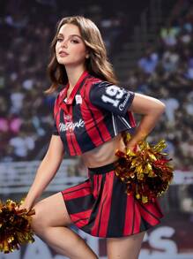 SHEIN Sports Women's Summer Contrast Stripe Cropped Cheerleader Sports Polo Shirt