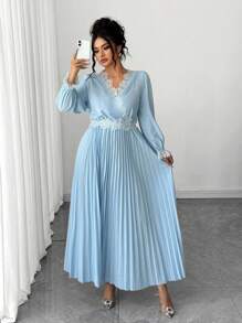 Elenzga Plus Size Women's Lace Patchwork V-Neck Puff Sleeve Pleated Hem Elegant Dress Fall Cloth For Women - Blue - View 6