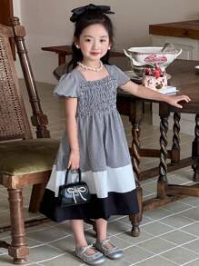 Dazy Kids Girls (Small) Plaid Cap Sleeve Contrast Color Block Mid-Length Summer Dress
