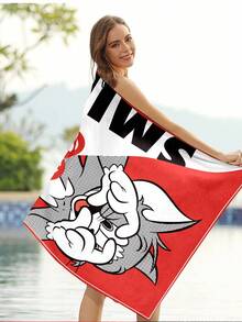 TOM & JERRY X SHEIN 1Pc Letter & Cartoon Pattern Beach Towel Summer Essential! Lightweight & Quick-Drying Beach Towel - Enjoy Perfect Beach Moments! - Red - View 6