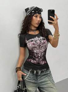StreetHx Women's Fuchsia Gothic Rhinestone Decor Slim Fit Streetwear Y2K Punk Print Short Sleeve T-Shirt, Suitable For Vacation, Spring/Summer - Black - View 3
