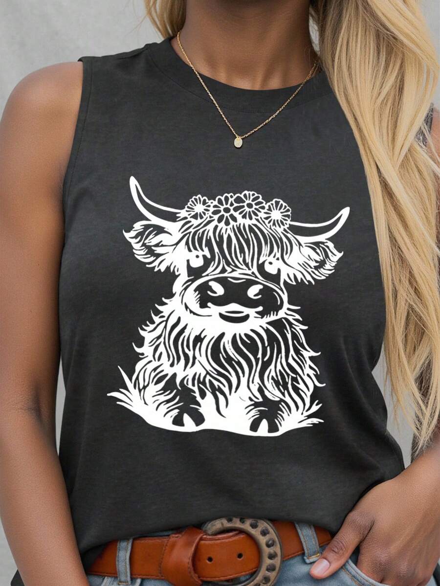 SHEIN LUNE 加大码卡通动物印花休闲背心夏季图案T恤女式上衣