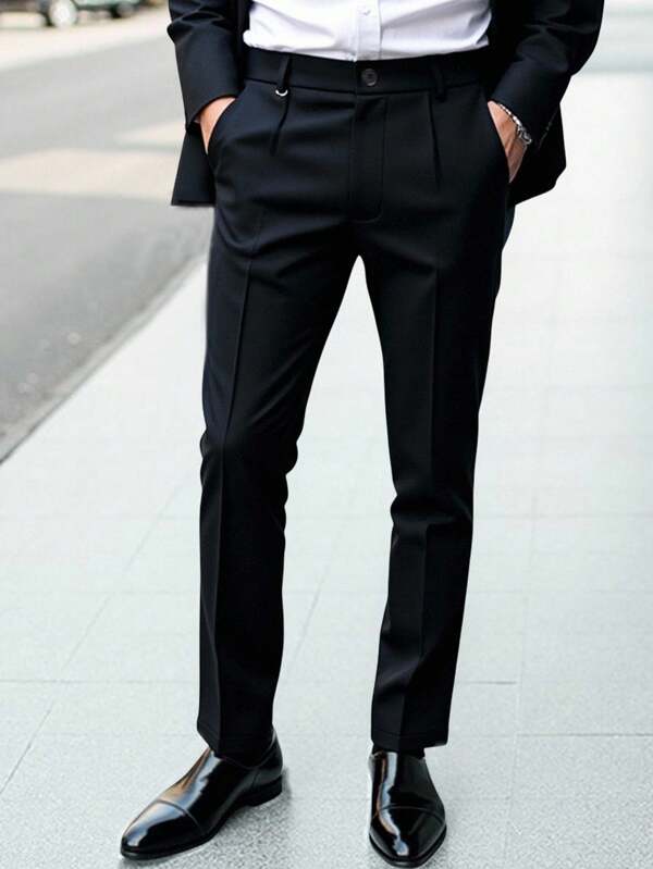 Manfinity Bizformal Men's Black Tapered Suit Pants In Woven Fabric For Formal Business Wear Men Black Dress Pants Black Slacks For Men Men Slim Fit Dress Pants Slim Fit Black Dress Pants Mens Dress Pants