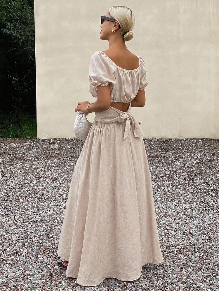 Women's Solid Color Square Neck Short Sleeve Top And Skirt 2 Pieces Set