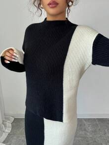 Elenzga Women's Aniusta Colorblock Vintage Crew Neck Sweater Top And Skirt Set, Elegant And Versatile For Holiday, Music Festival, Teacher, Autumn/Winter Fall Cloth For Women - Black and White - View 6