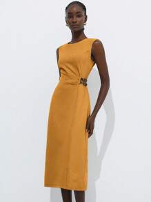 Aveloria Modichic Beige Twill Round Neck Sleeveless Minimalist High-End Design Waist Pleated Design With Leather Belt Decor Commuter Casual Versatile Vintage Style Women Long Dress