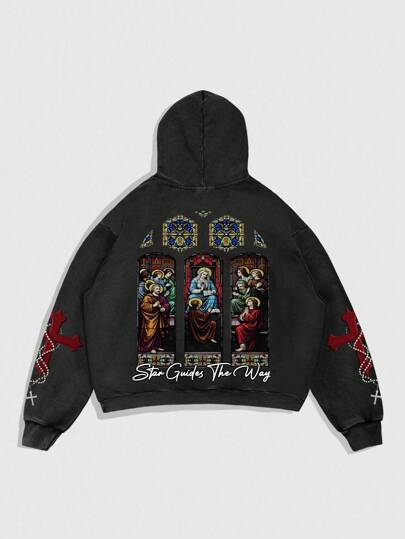 Goth Men's Long Sleeve Religious Character Hooded Sweatshirt