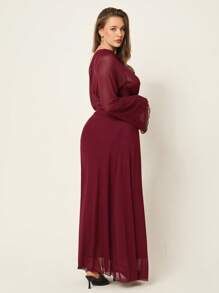 Auralis 大码女式纯色不对称领口长袖褶饰优雅连衣裙 - 酒紅色 - 查看 3