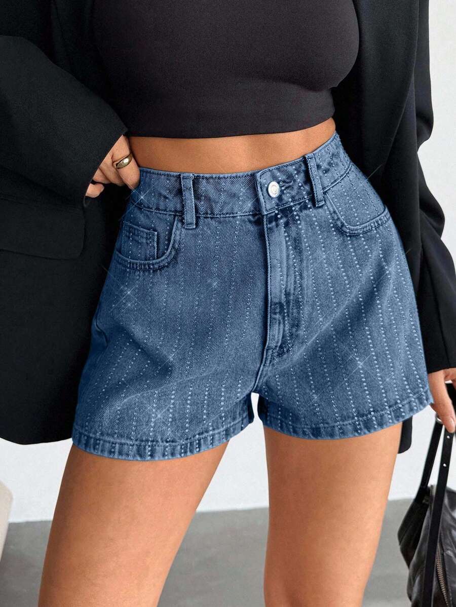 EURMUSE High Waist Rhinestone Slant Pocket Casual Denim Shorts - Light Wash - View 1