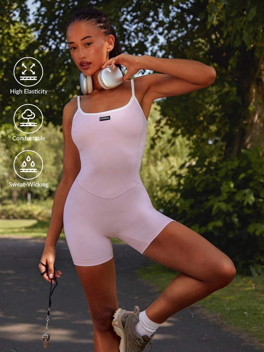 Women Letter Beaded Trim Camisole Romper - Pink - View 1