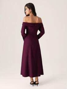 Modelyn Women's Burgundy Elegant Off Shoulder Long Sleeve Ruffle Mid-Length Dress,Autumn Dining Party Wear,Solid Color Knitted Strappy Shirt Dresses For Mom - Brown - View 2