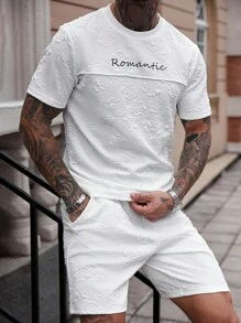 Manfinity CasualCool Men's Mature Street Style Textured Fabric Letter Embroidered T-Shirt And Shorts Casual Set - Black - View 3