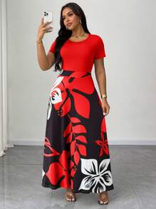 Maweii 大码女式彩色印花圆领高弹力A字长裙，时尚休闲通勤夏季装 - 紅色 - 查看 4