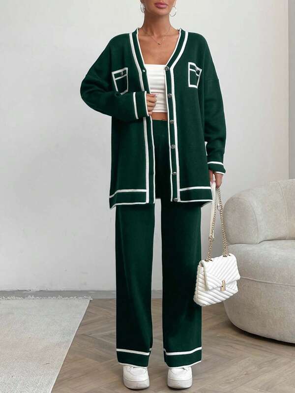 SHEIN Ensemble cardigan et pantalon femme avec détail de rayures contrastées à l'ourlet, boutons devant, col en V profond et épaules tombantes