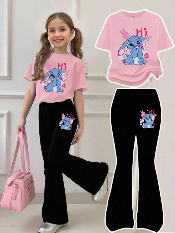 Toddler Girls' Casual Fashion Creative Cartoon Cute Blue Rabbit Stitch Pattern Print Casual Basic Short Sleeve Top And Wide Leg Pants Set Girls Pant Sets Girls Bell Bottom Outfit Flare Pants Set Kids Tween Girl Clothes Pants Set Girls Stitch Outfit