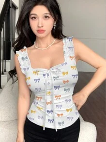 Modelyn 蝴蝶结印花荷叶边饰结饰前背心 - 彩色 - 查看 4