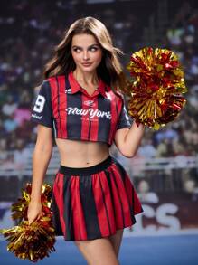 SHEIN Sports Women's Summer Contrast Stripe Cropped Cheerleader Sports Polo Shirt