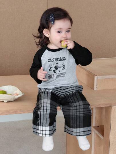 Dazy Kids 2pcs Baby Girls' Cartoon Print Contrast Color Short Sleeve T-Shirt And Casual Plaid Pants Pajama Set,Toddler Fall Clothes