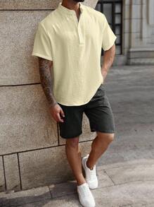 Manfinity Homme Plus Size Men's Solid Color Short Sleeve Button-Up Casual Loose Shirt - Apricot - View 3