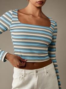 MISSGUIDED Square Neck Long Sleeve Striped Crop Top Fitted Ribbed Women Spring Summer Fall Casual Form-Fitting Soft Day Wear - Multicolor - View 4
