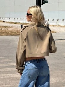 SHEIN ICON Women's Fashion Solid Color Double-Breasted Short Trench Coat Crop Top Jacket Summer Jacket Khaki Jacket Oversized Jacket Cropped Jacket In Fall/Winter