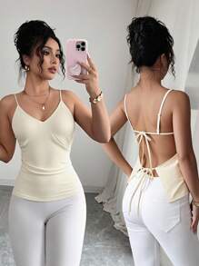 Chiquease Top de vacances printemps/été sexy et élégant pour femmes, de couleur unie avec encolure en V et bride dans le dos, marque Islaluna - Jaune citron - Voir 3